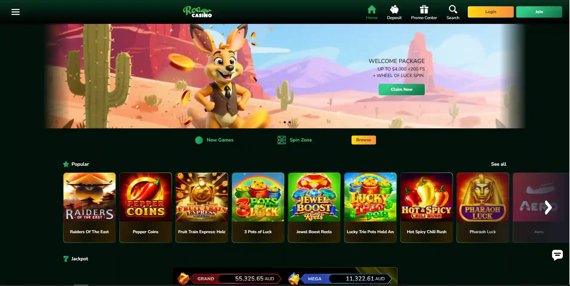 Roo Casino homepage showing the brand and main site navigation